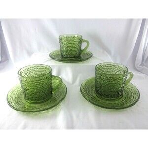 Vintage Anchor Hocking Soreno 3 Cups & 3 Saucers  Avocado Green